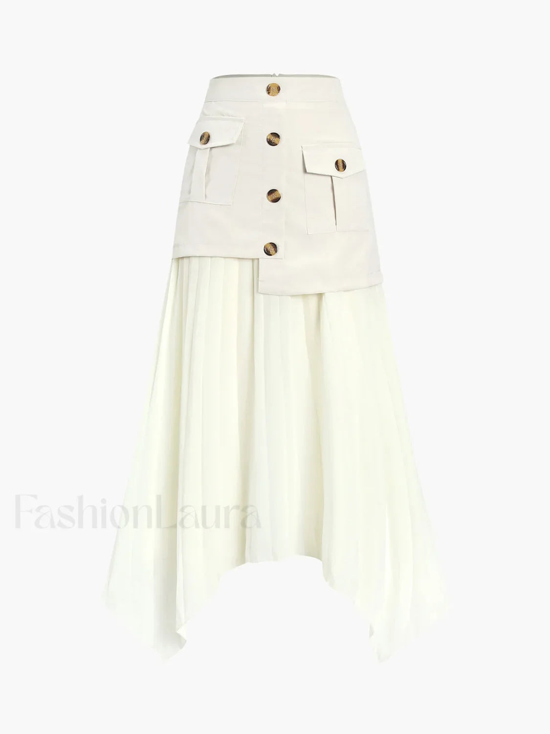 Patchwork Asymmetrical Pleated Buttoned Midi Skirt