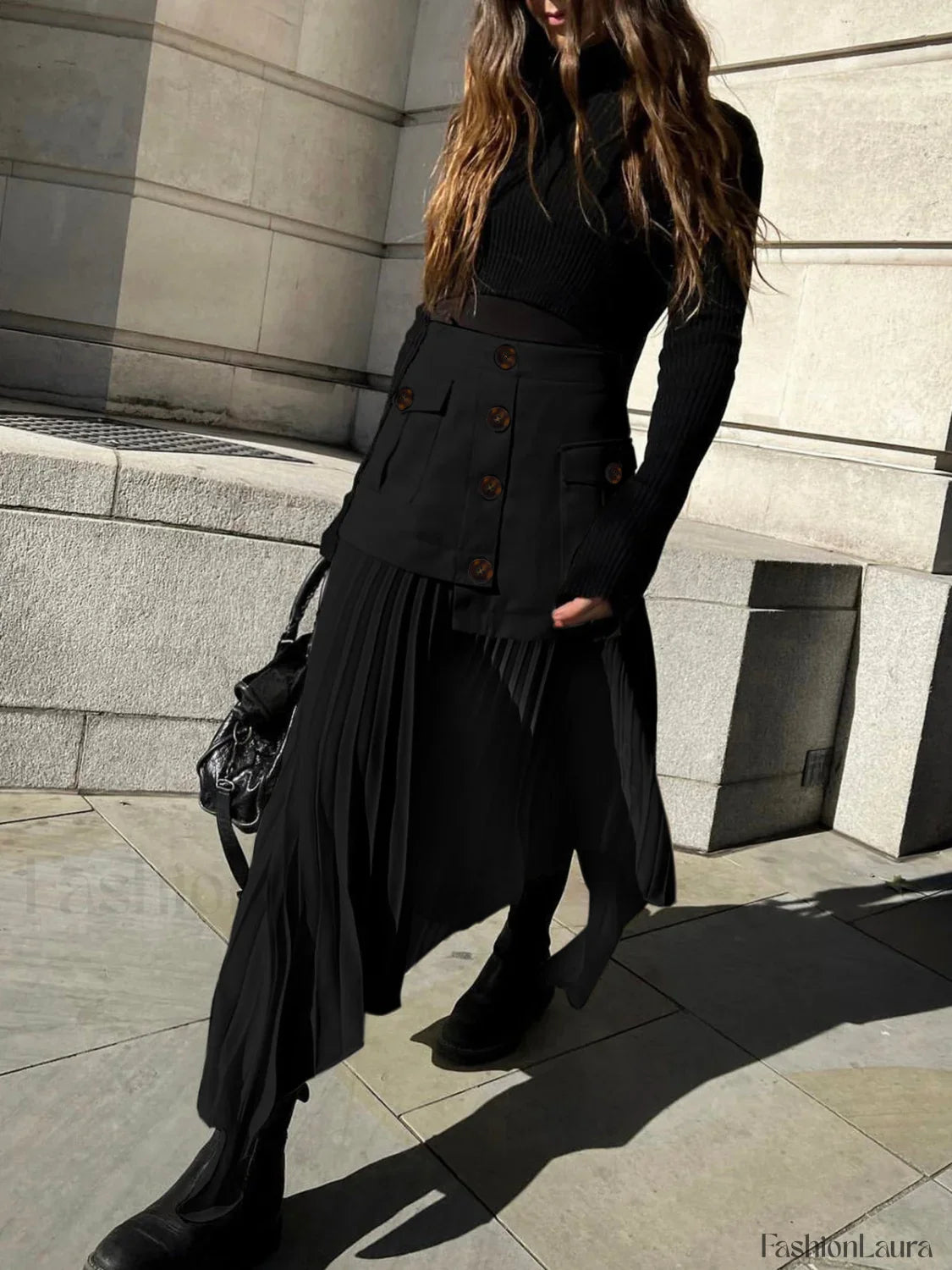 Patchwork Asymmetrical Pleated Trendy Buttoned Midi Skirt