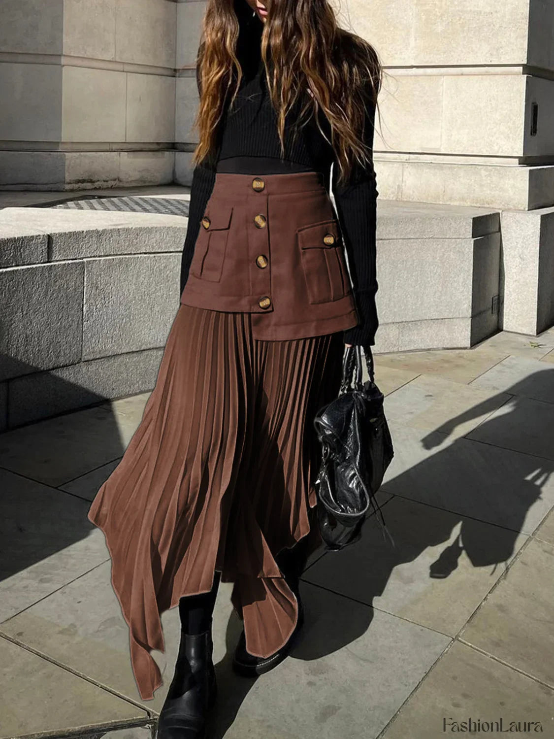 Patchwork Asymmetrical Pleated Trendy Buttoned Midi Skirt