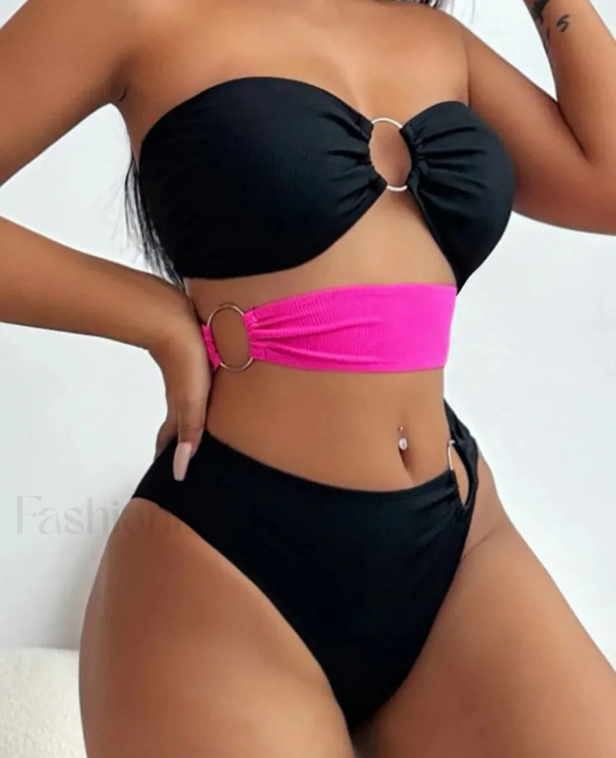 Patchwork Bandeau Hollow Bikini Set