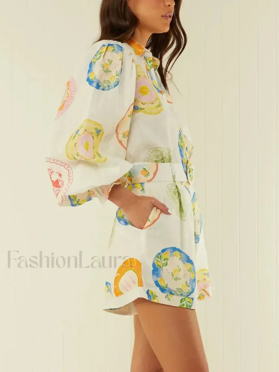 Patchwork Belt Lantern Shorts Two Piece Set