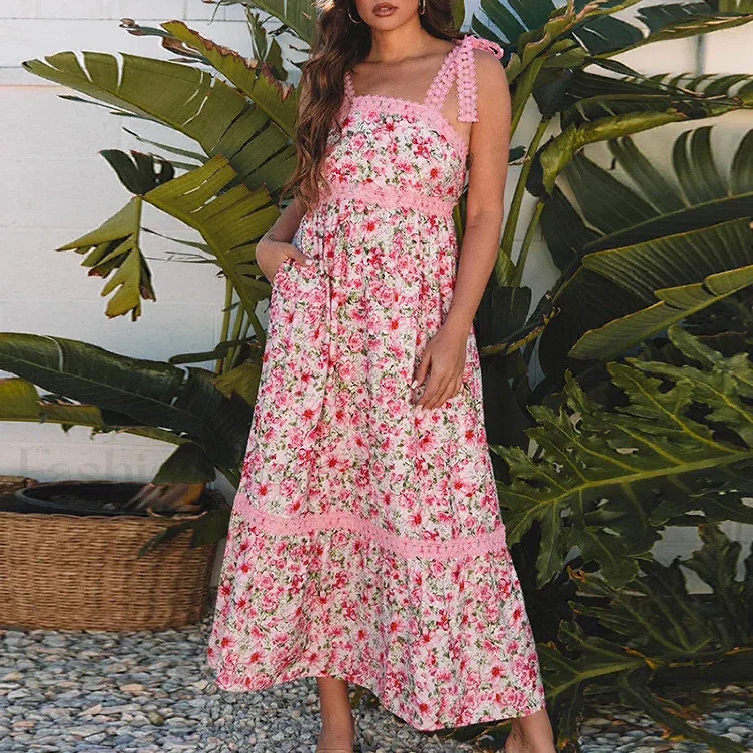 Patchwork Bow Tie Floral Dress 03 Print / S