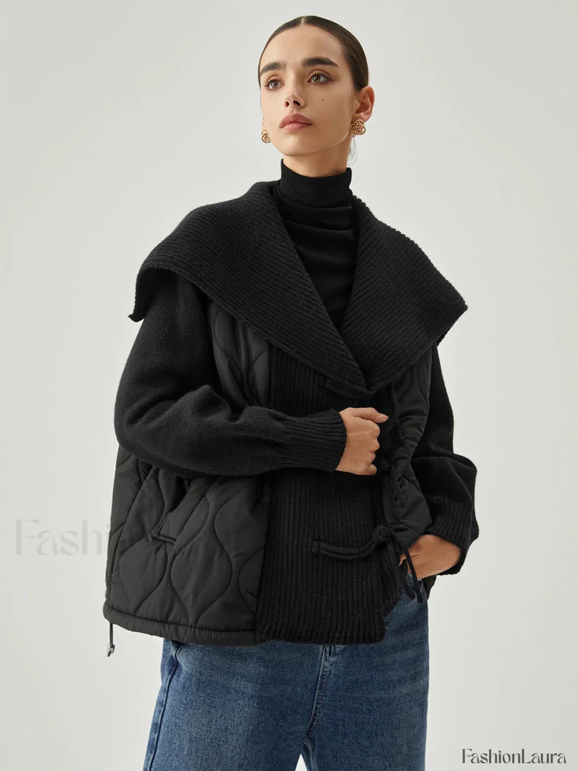 Patchwork Collared Graceful Geometric Winter Coat