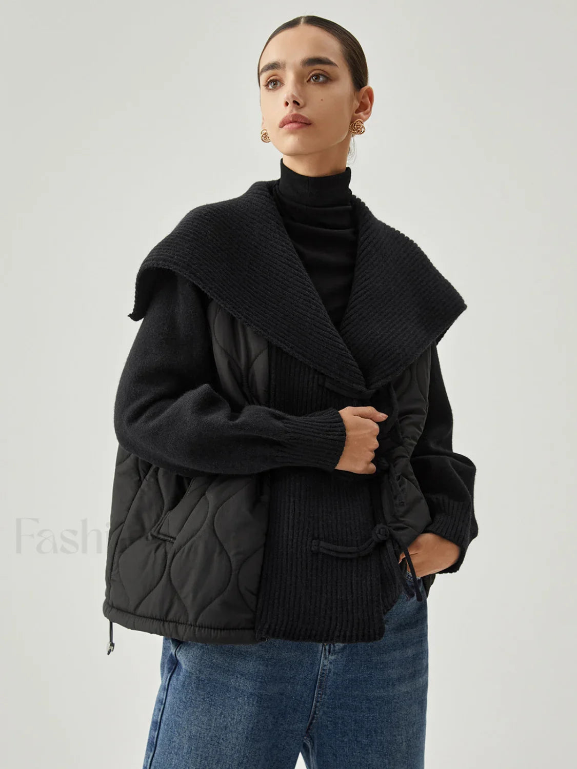 Patchwork Collared Graceful Geometric Winter Coat