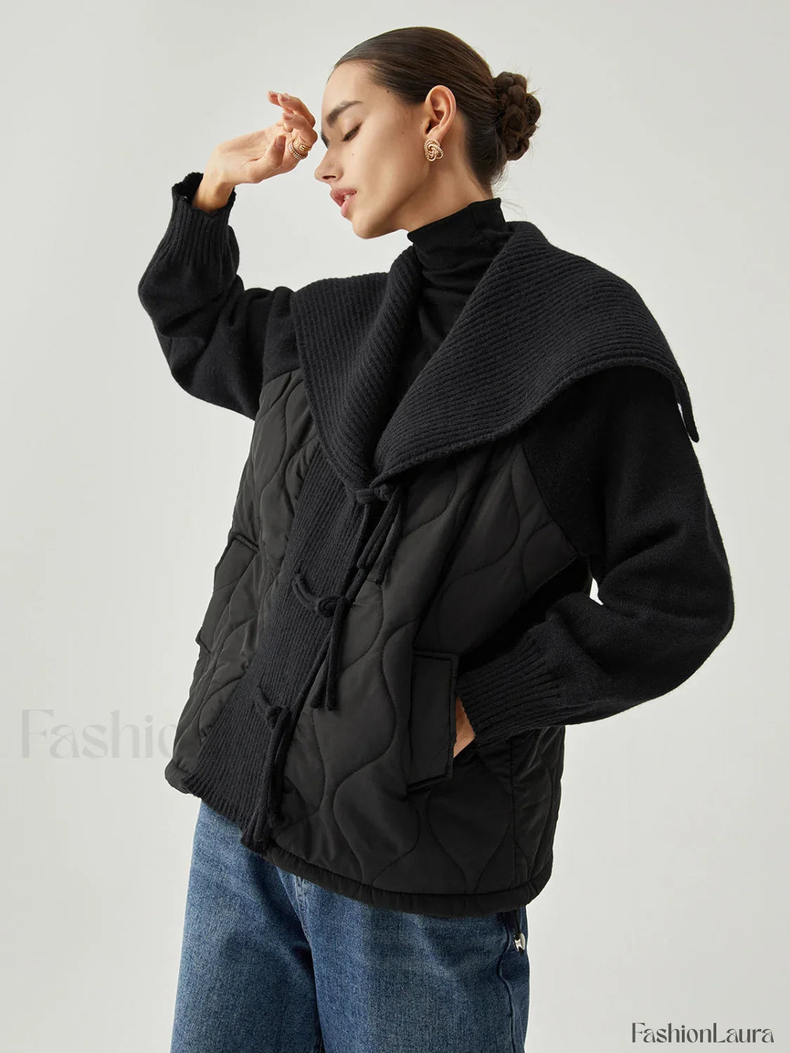 Patchwork Collared Graceful Geometric Winter Coat