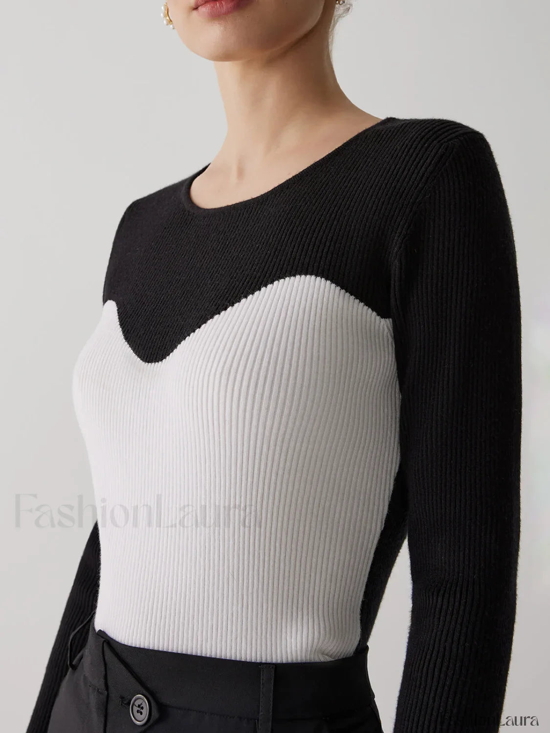 Patchwork Contrast Graceful Crew Neck Sweater