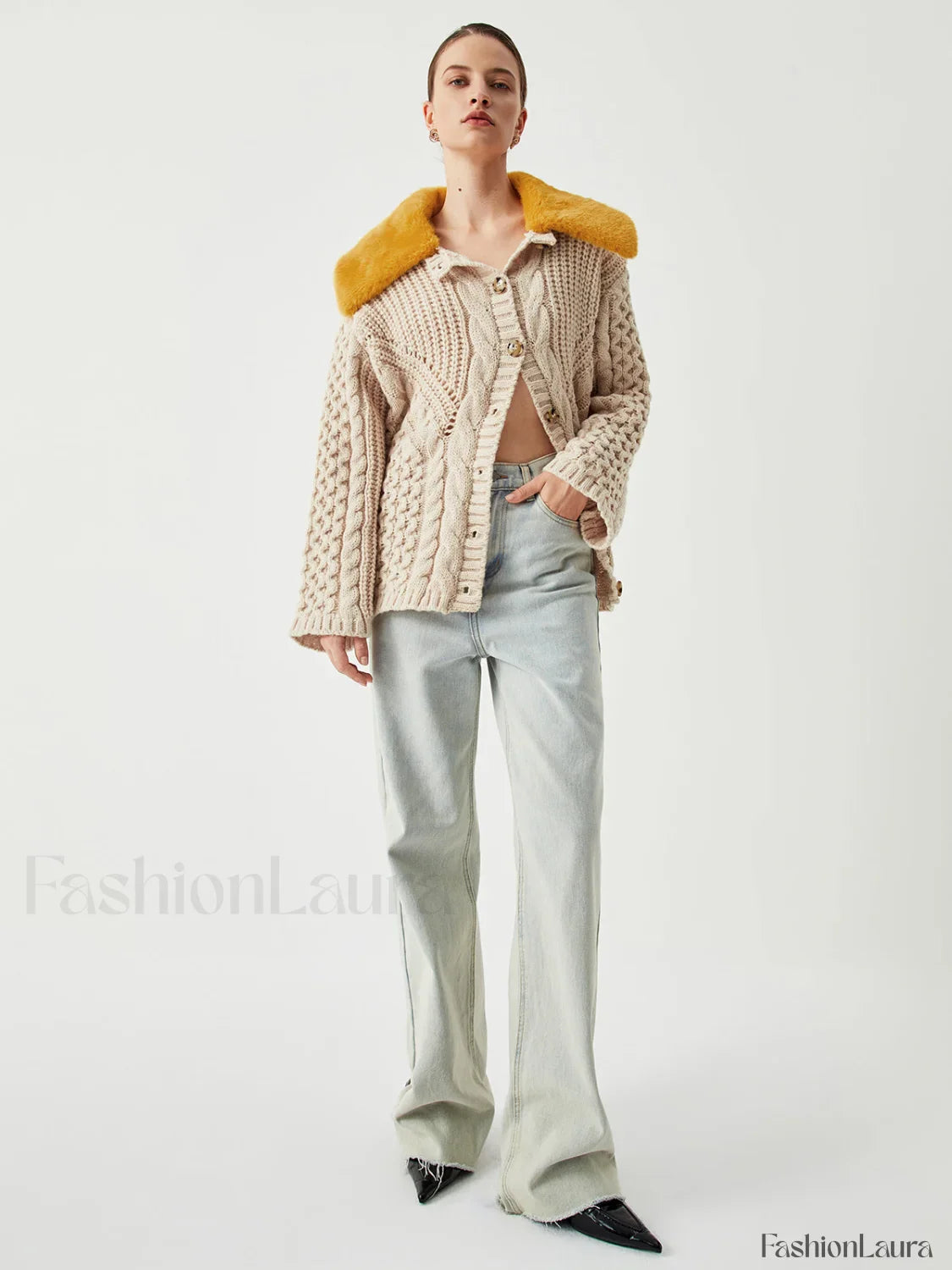 Patchwork Fuzzy Collar Trendy Oversized Knit Cardigan