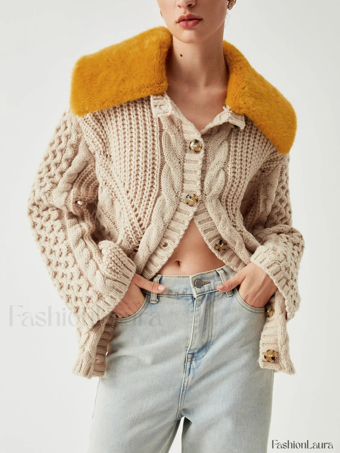 Patchwork Fuzzy Collar Trendy Oversized Knit Cardigan