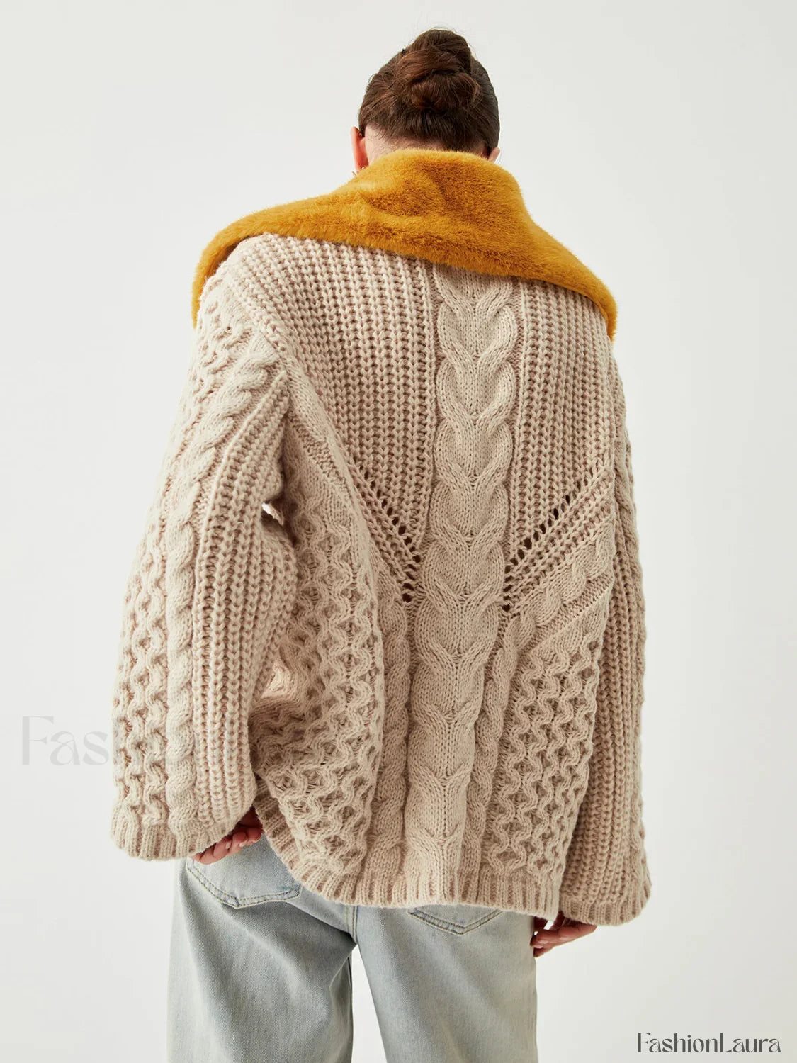 Patchwork Fuzzy Collar Trendy Oversized Knit Cardigan