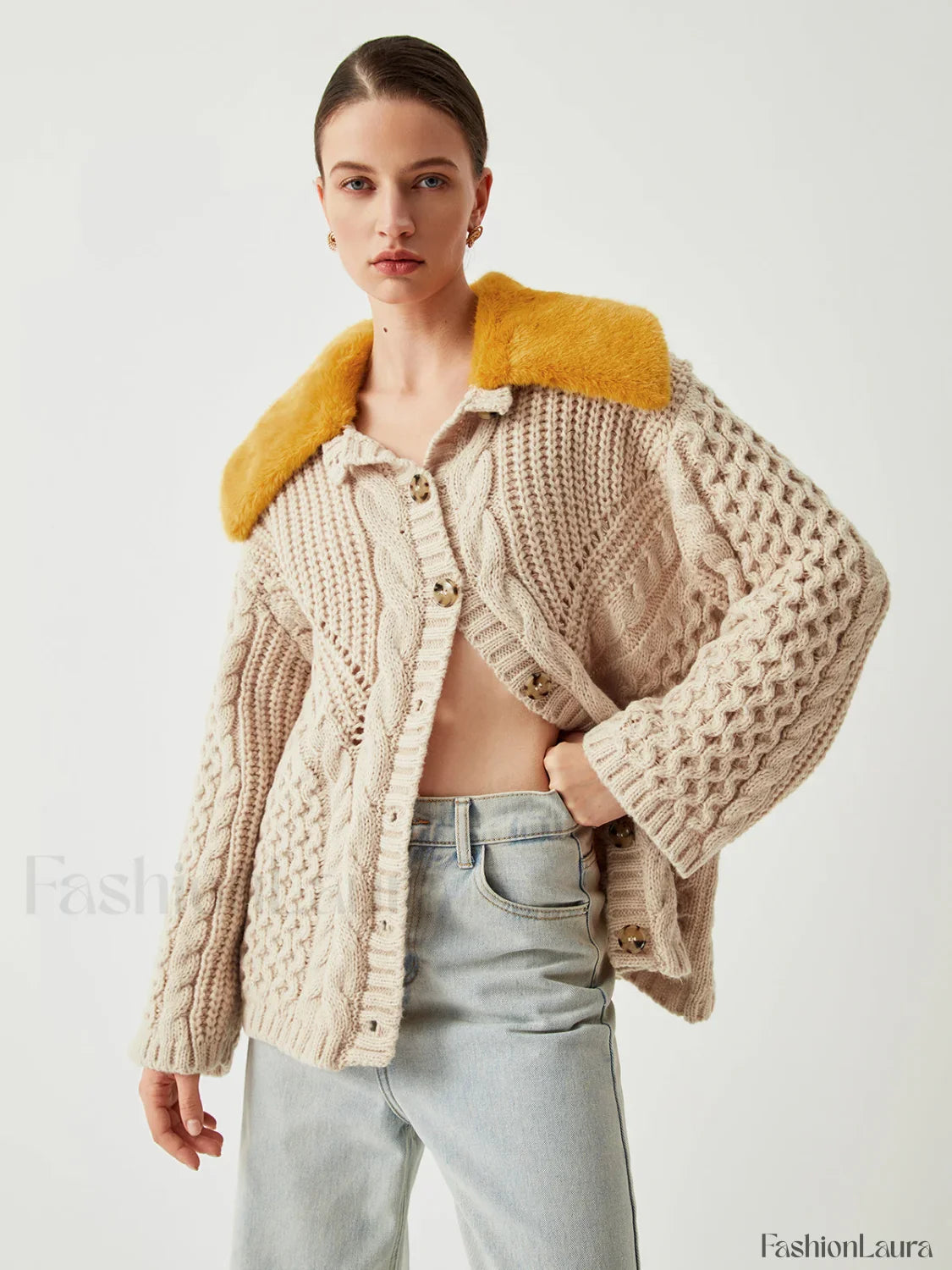 Patchwork Fuzzy Collar Trendy Oversized Knit Cardigan