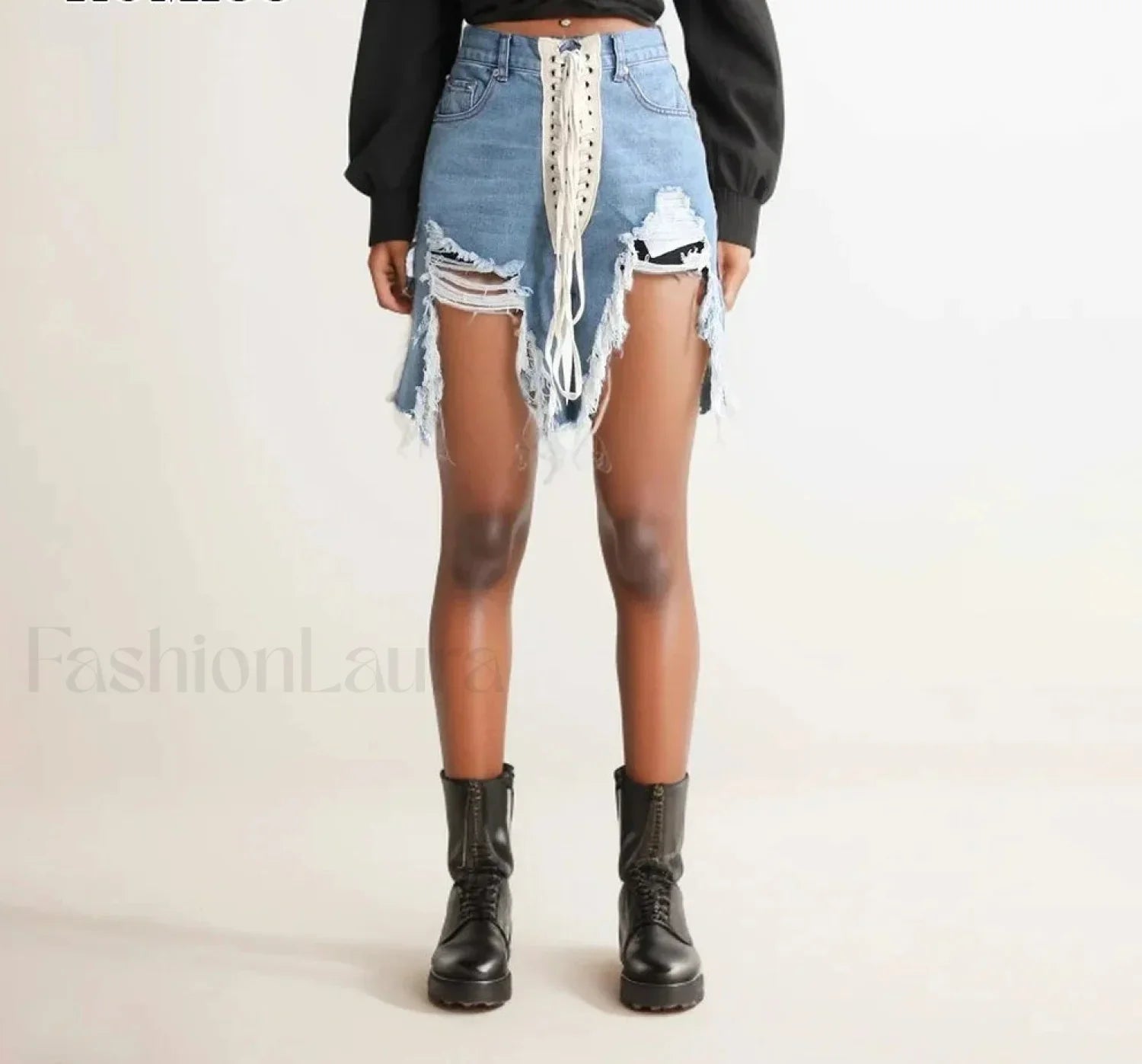 Patchwork Lace Up High Waist Spliced Slimming Denim Short BLUE / S