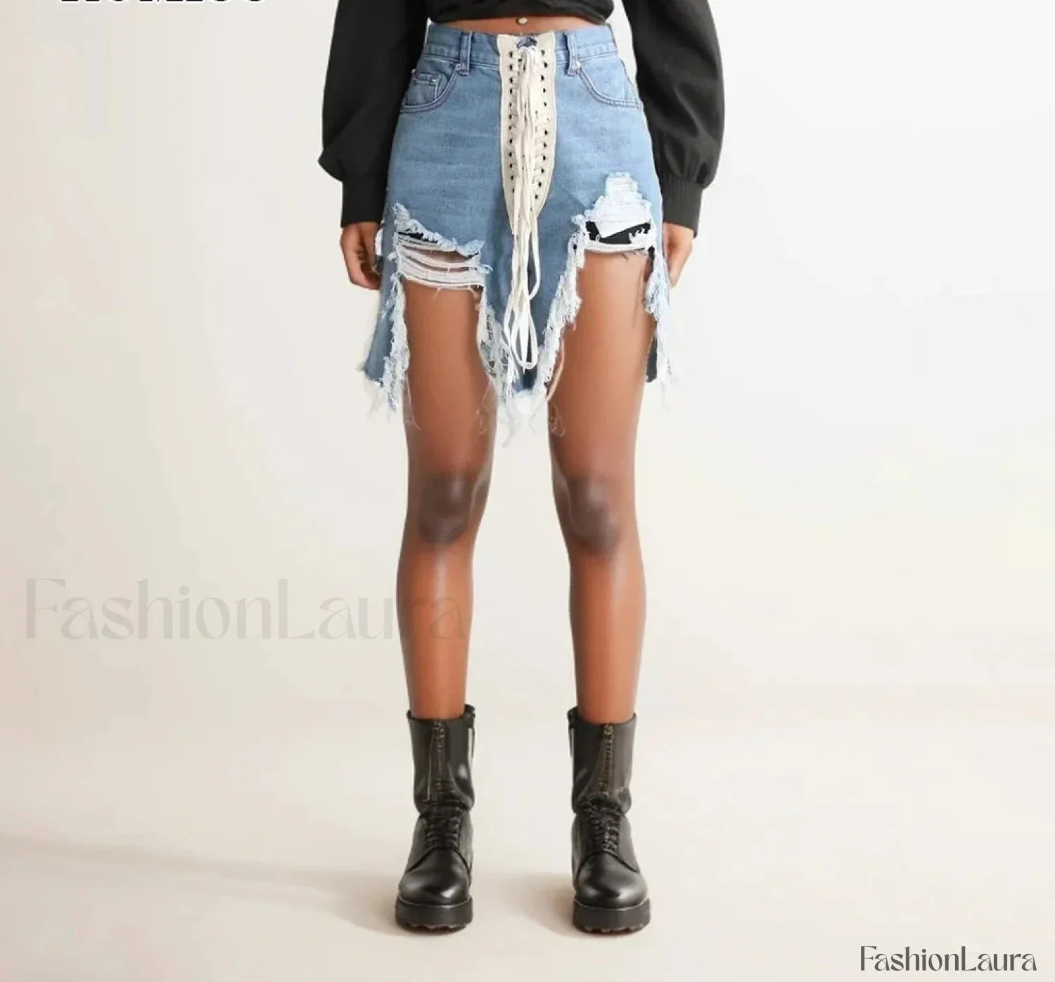 Patchwork Lace Up High Waist Spliced Slimming Denim Short