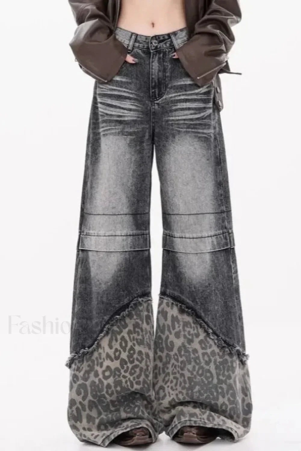 Patchwork Leopard Wide Leg Jeans