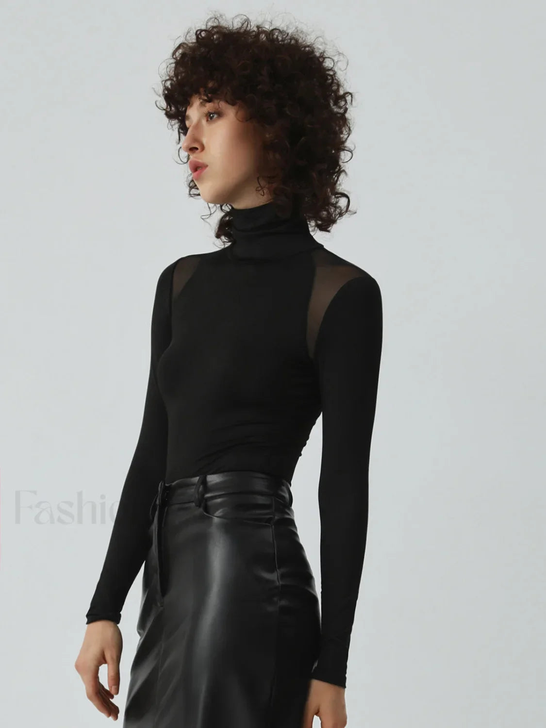 Patchwork Mesh Turtleneck Long Sleeve Bodysuit