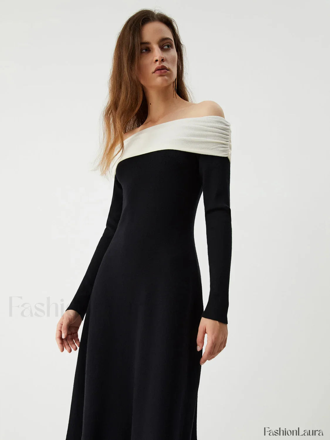 Patchwork Off Shoulder Long Modern Sleeve Long Sweater Dress