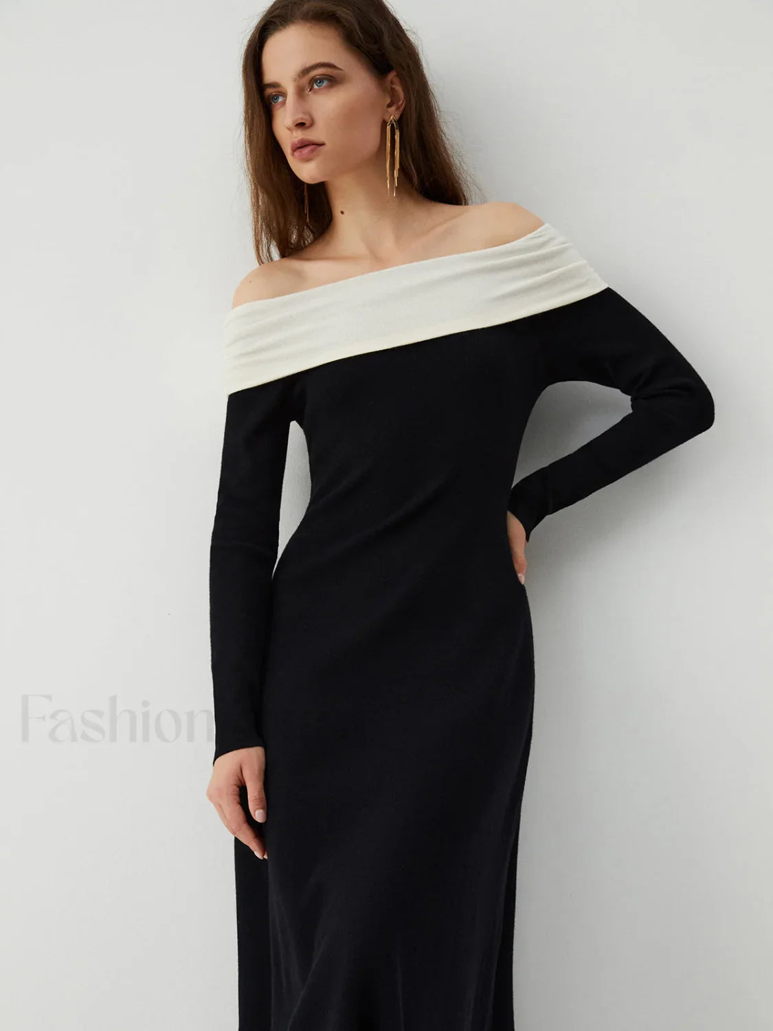 Patchwork Off Shoulder Long Modern Sleeve Long Sweater Dress