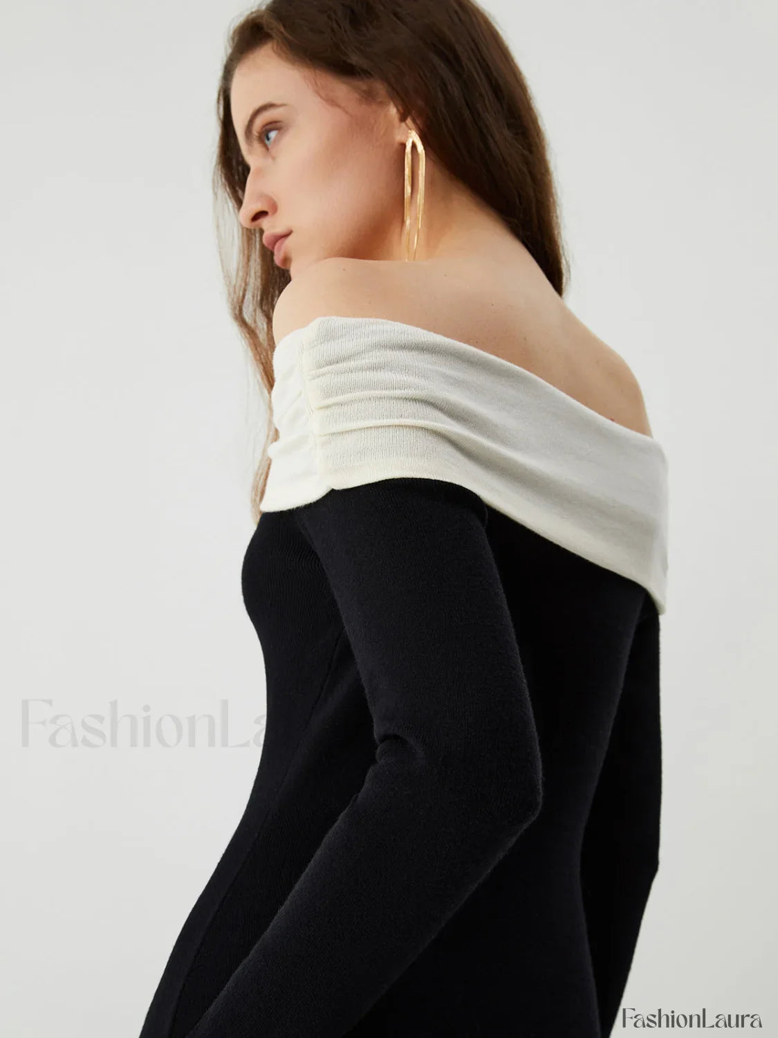Patchwork Off Shoulder Long Modern Sleeve Long Sweater Dress