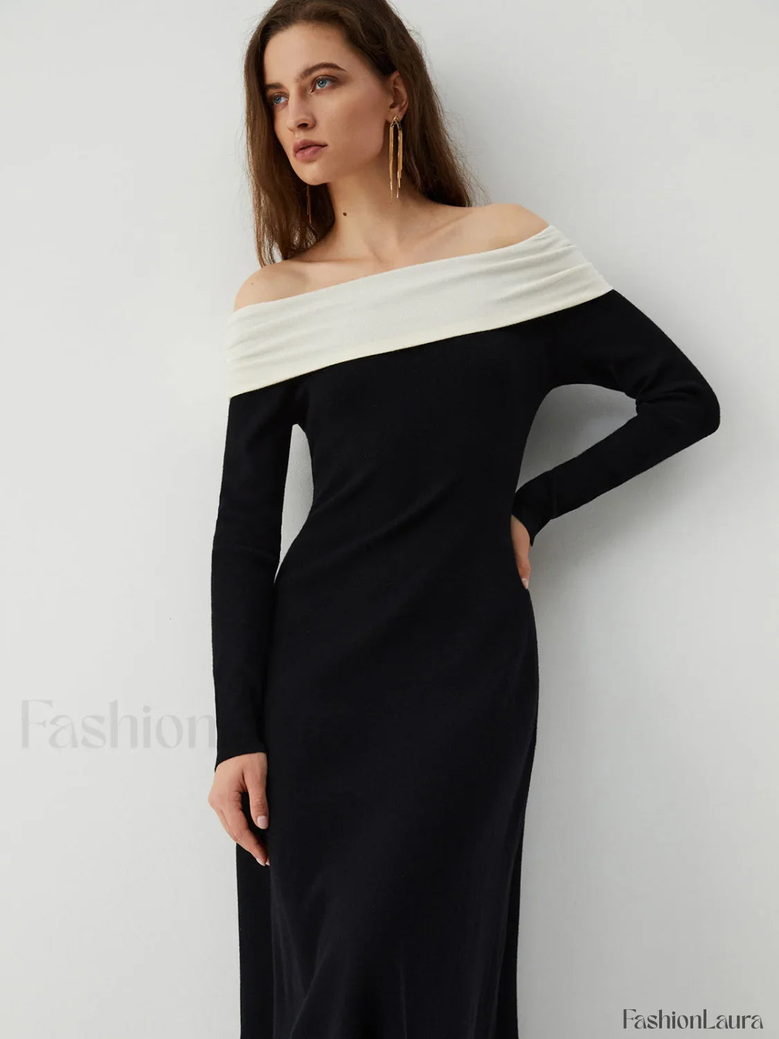 Patchwork Off Shoulder Long Modern Sleeve Long Sweater Dress