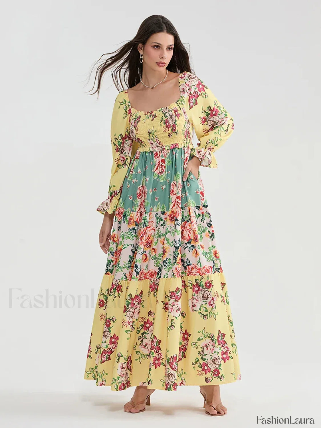 Patchwork Puff Sleeve Boho Dress