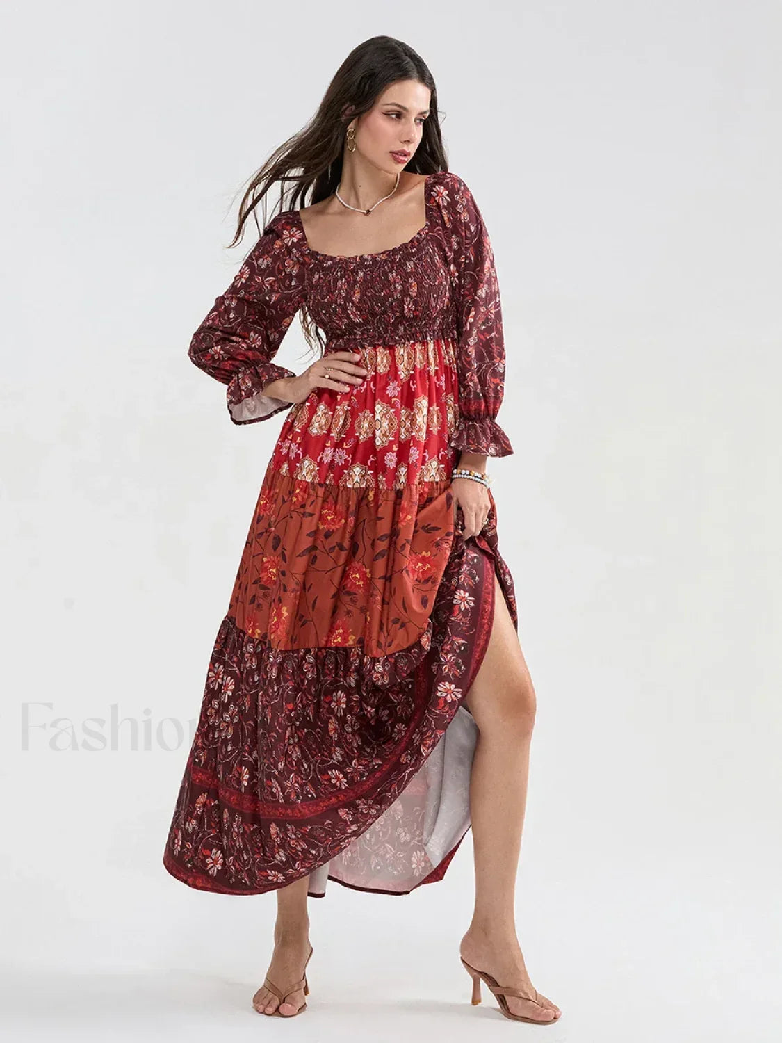 Patchwork Puff Sleeve Boho Dress