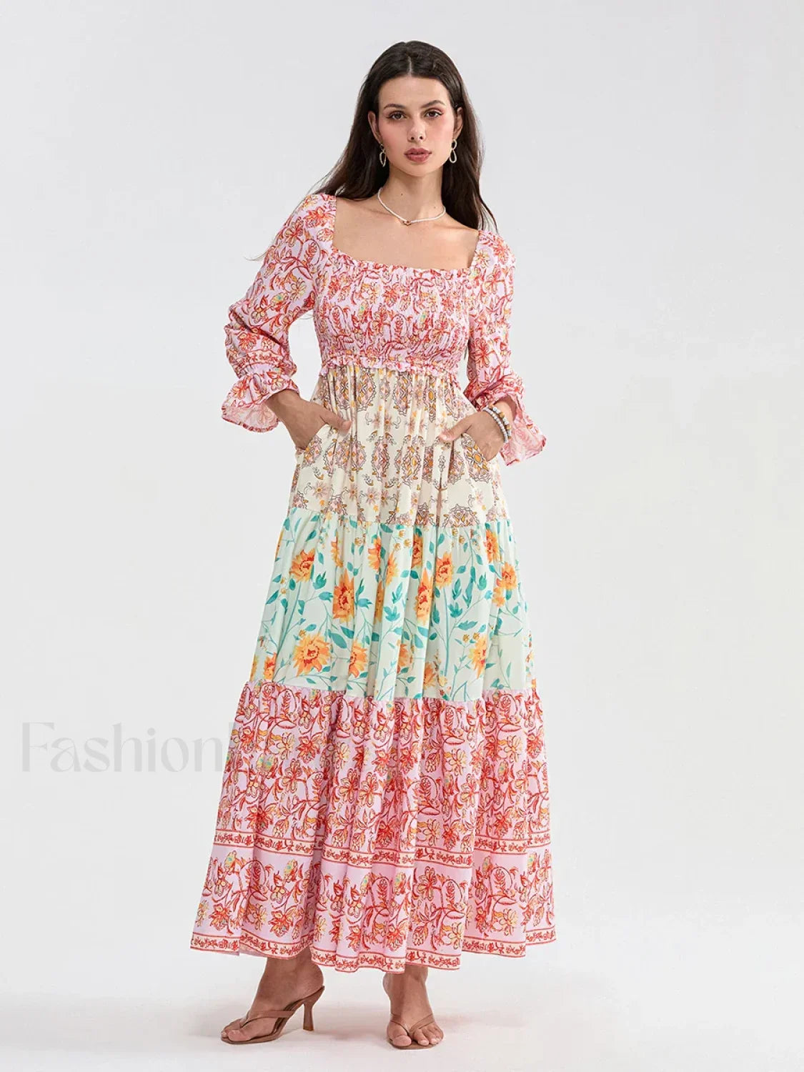Patchwork Puff Sleeve Boho Dress