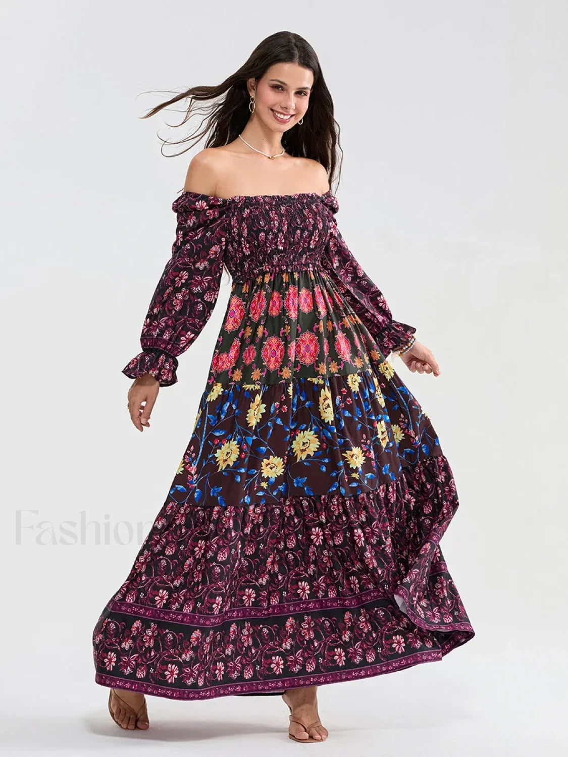 Patchwork Puff Sleeve Boho Dress