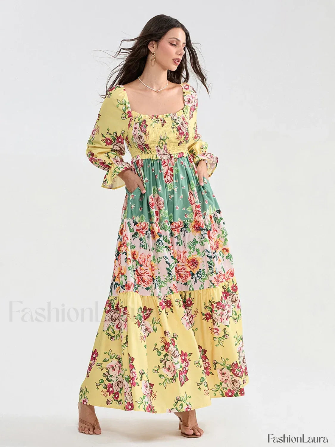Patchwork Puff Sleeve Boho Dress