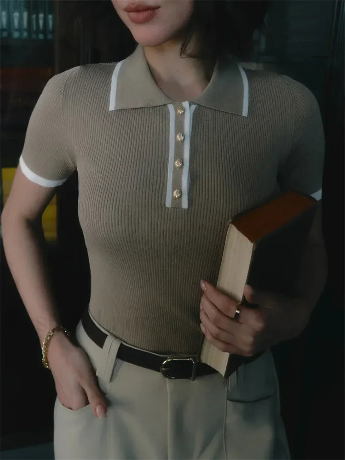 Patchwork Short Sleeve Knit Pullover T Shirt Khaki / S