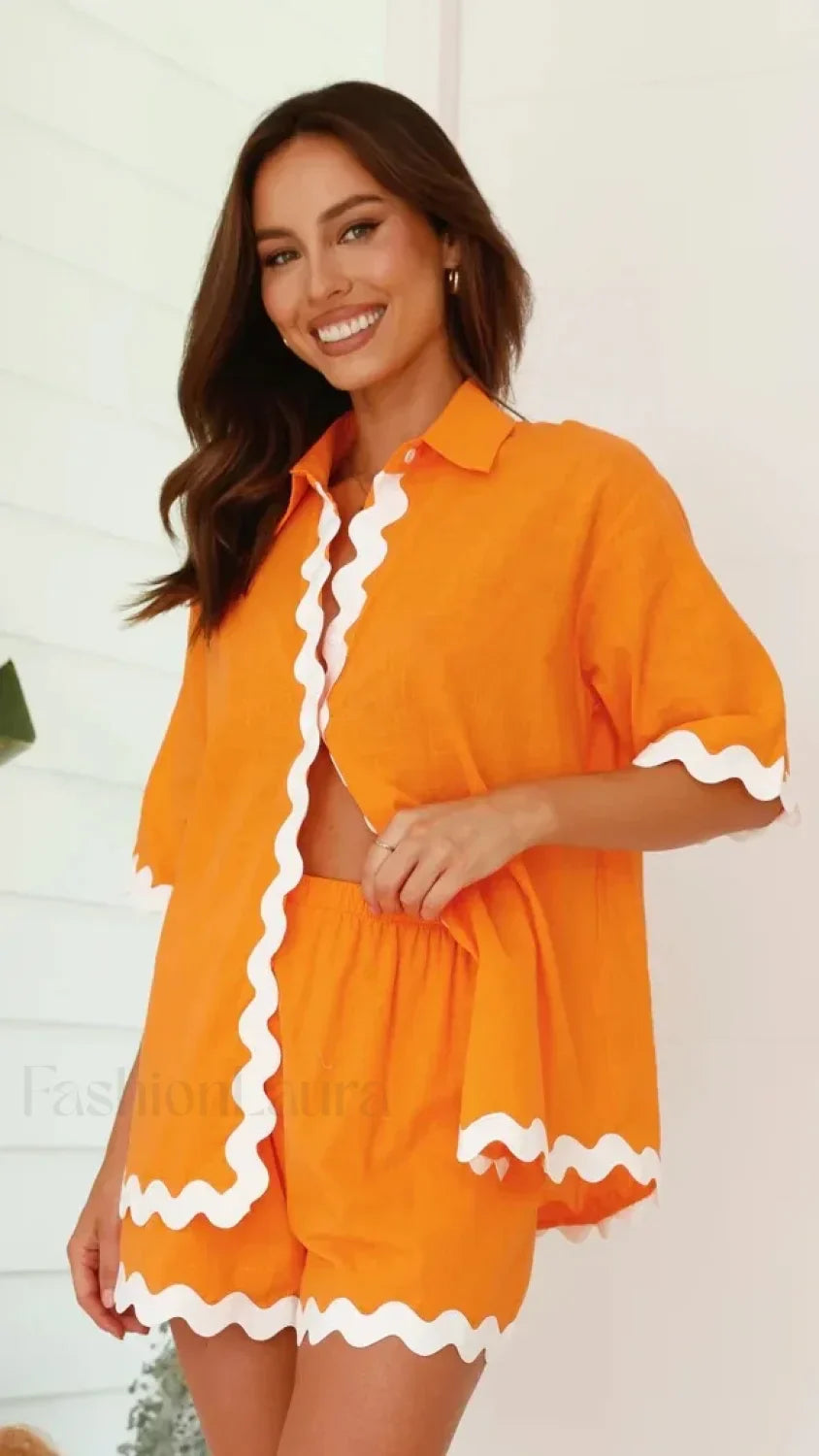 Patchwork Turn Down Shirt Loose Shorts Two Piece Set Orange / S