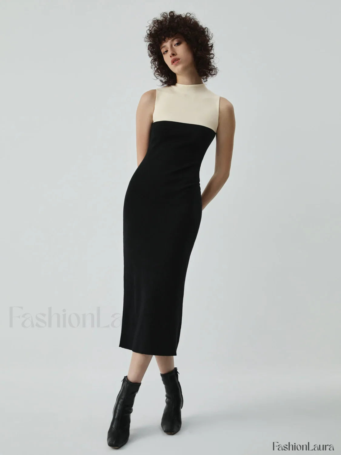 Patchwork Two Tone Mock Modern Neck Midi Sweater Dress