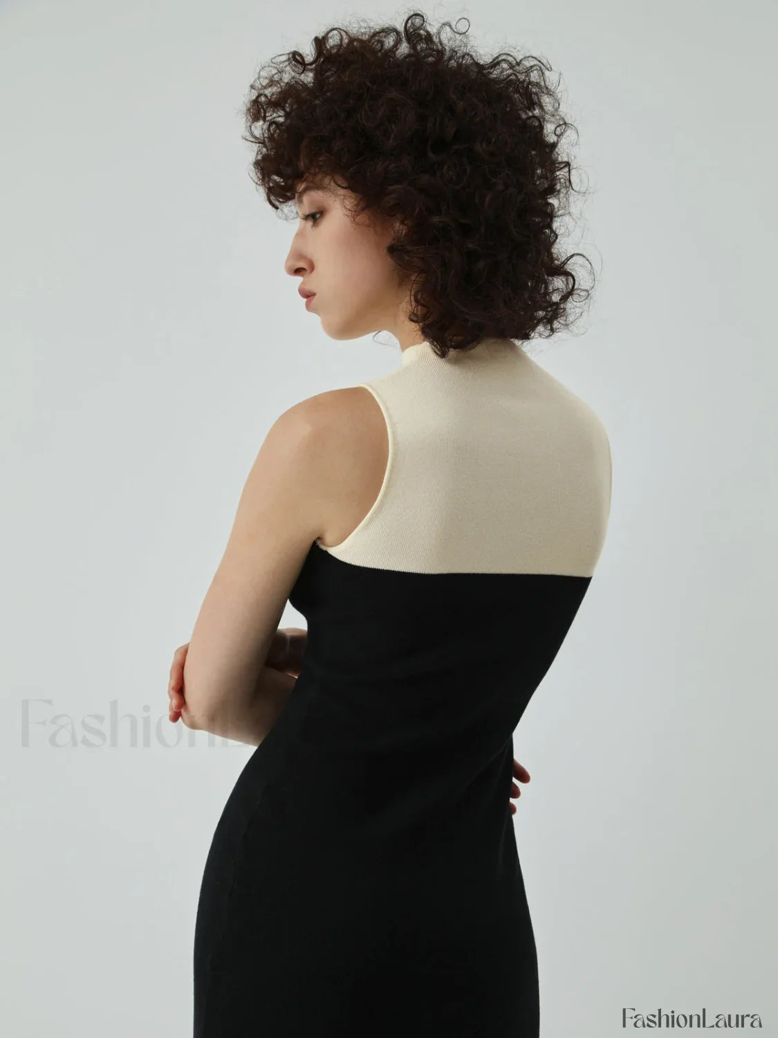 Patchwork Two Tone Mock Modern Neck Midi Sweater Dress