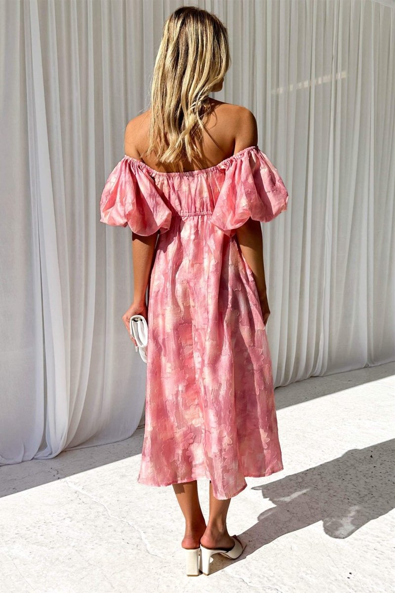 Chic Emilia Off the Shoulder Midi Dress with Puff Sleeves Premium Wardrobe Essential