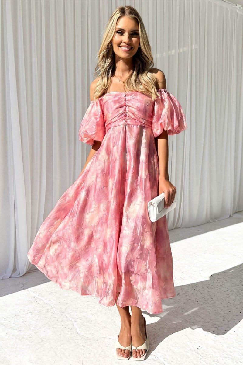 Chic Emilia Off the Shoulder Midi Dress with Puff Sleeves Premium Wardrobe Essential