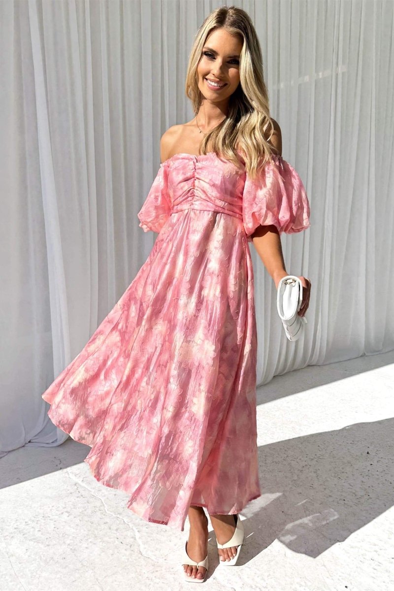 Chic Emilia Off the Shoulder Midi Dress with Puff Sleeves Premium Wardrobe Essential