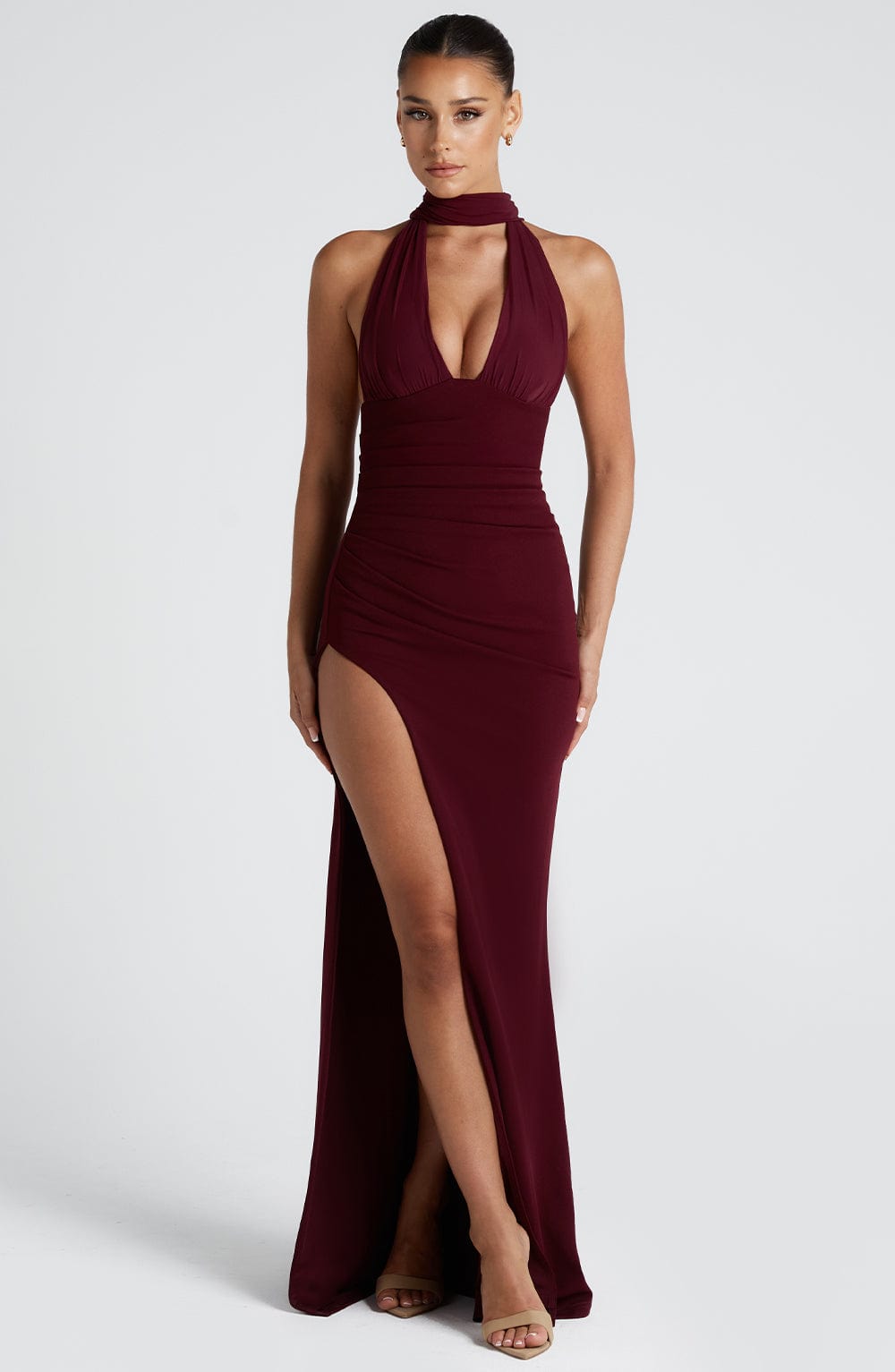 Plunge Halter Scarf Neck Ruched High Split Maxi Gown 5
