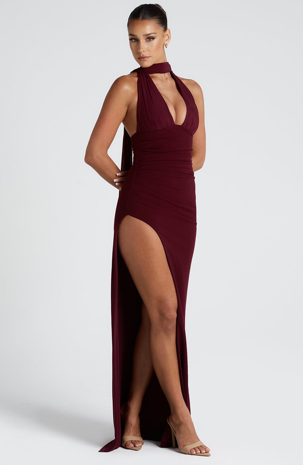 Plunge Halter Scarf Neck Ruched High Split Maxi Gown 2
