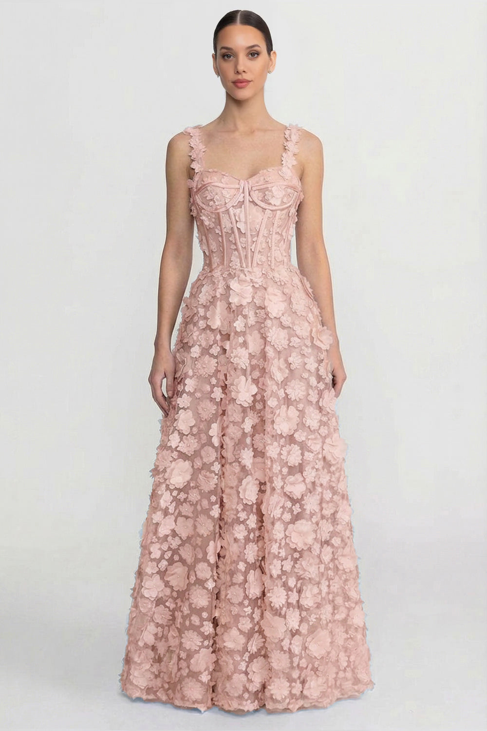 Floral Applique Sweetheart Neck Corset Bodice A-Line Maxi Dress 5