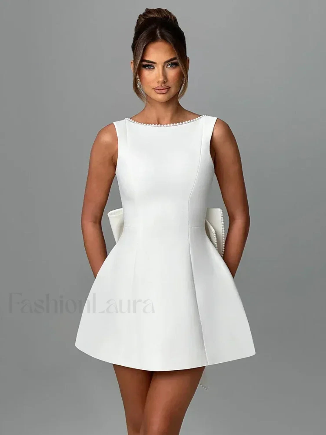 Pearl Bow Sleeveless Mini Dress