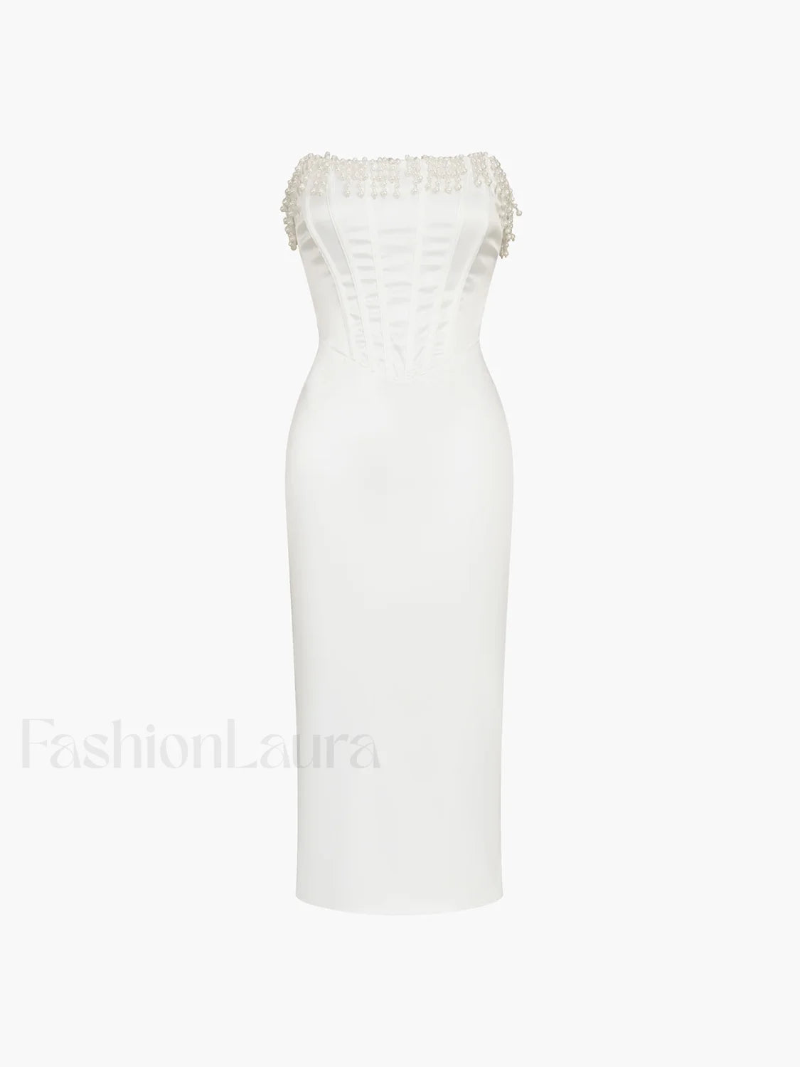 Pearl Decor Graceful Strapless Midi Dress