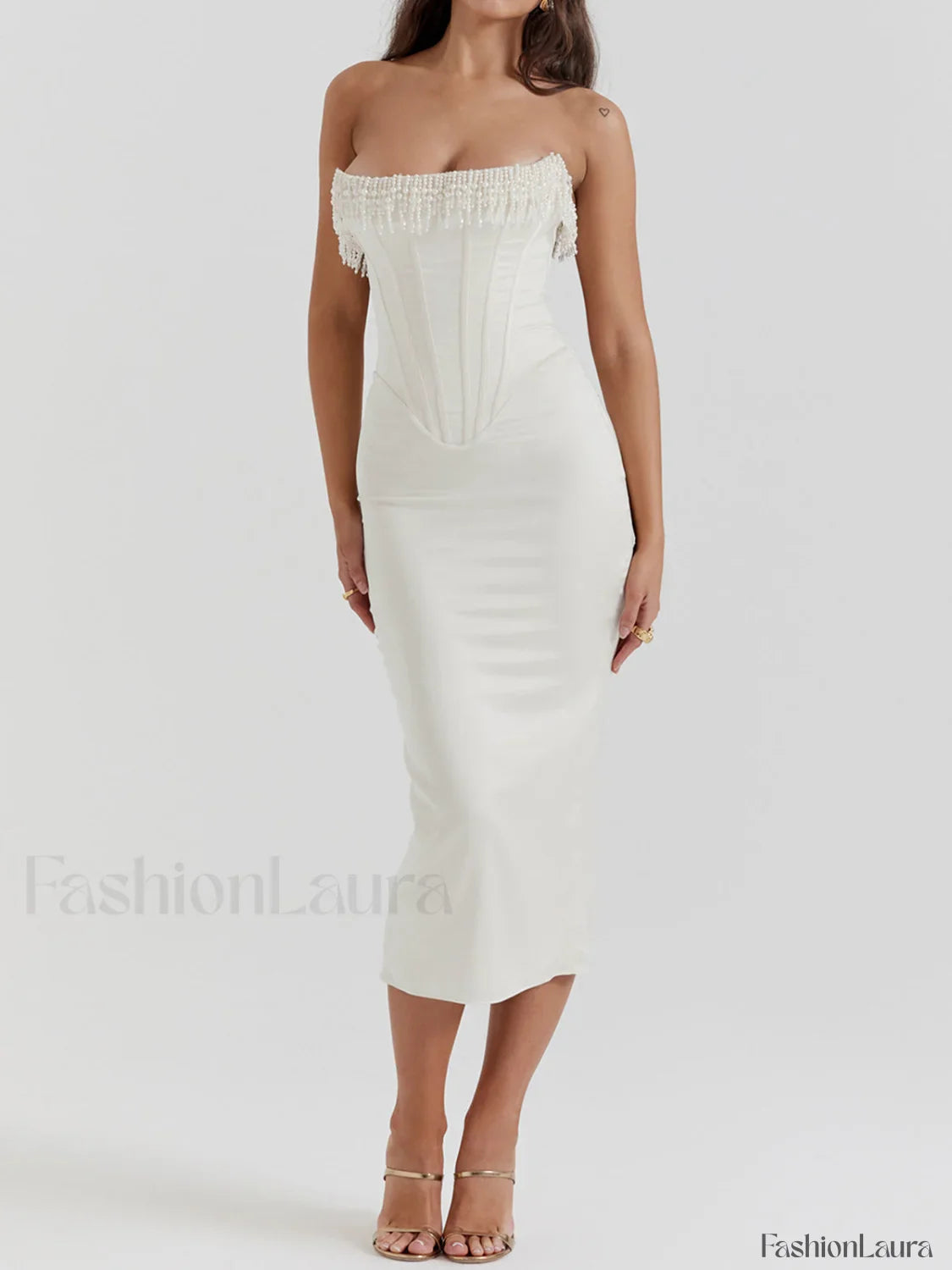 Pearl Decor Graceful Strapless Midi Dress