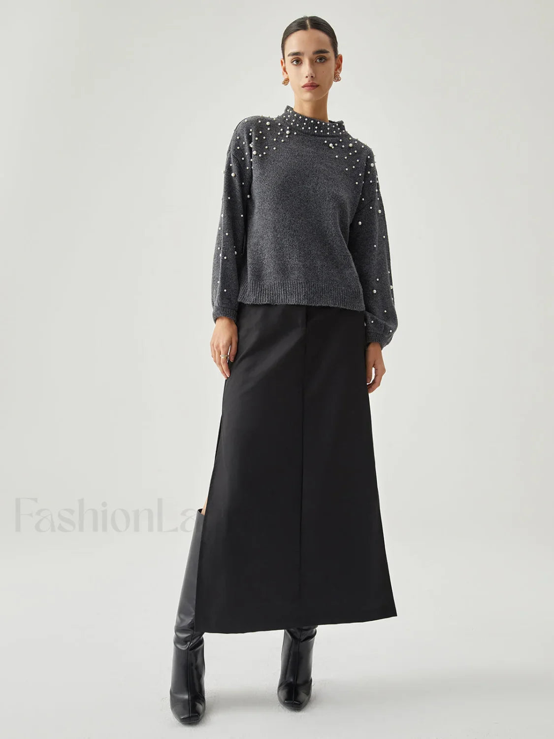 Pearl Embellished Graceful Mock Neck Sweater