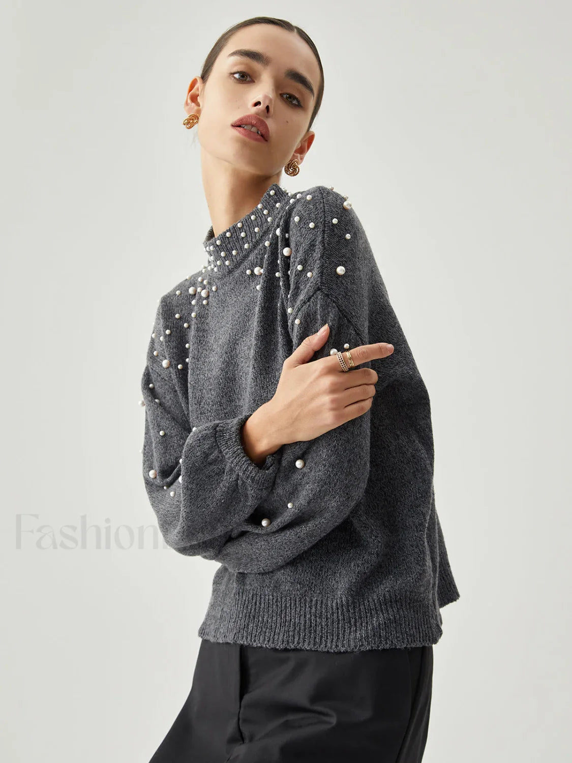 Pearl Embellished Graceful Mock Neck Sweater