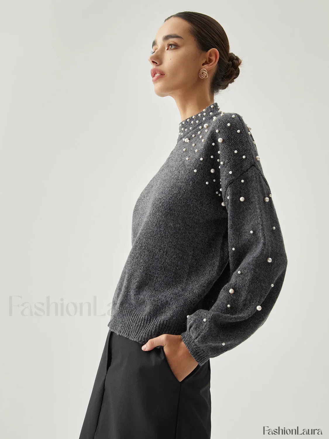Pearl Embellished Graceful Mock Neck Sweater