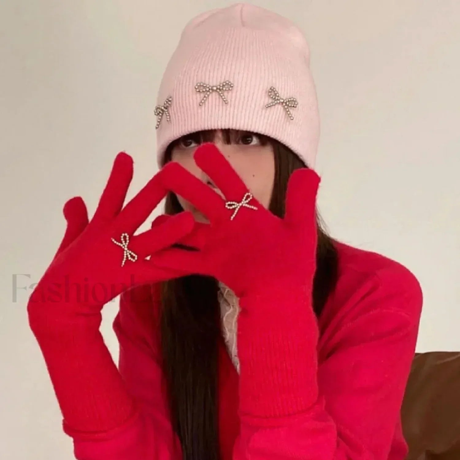 Pearl Full Finger Wool Rabbit Warm Vintage Red Thicken Winter Mittens Christmas Glove