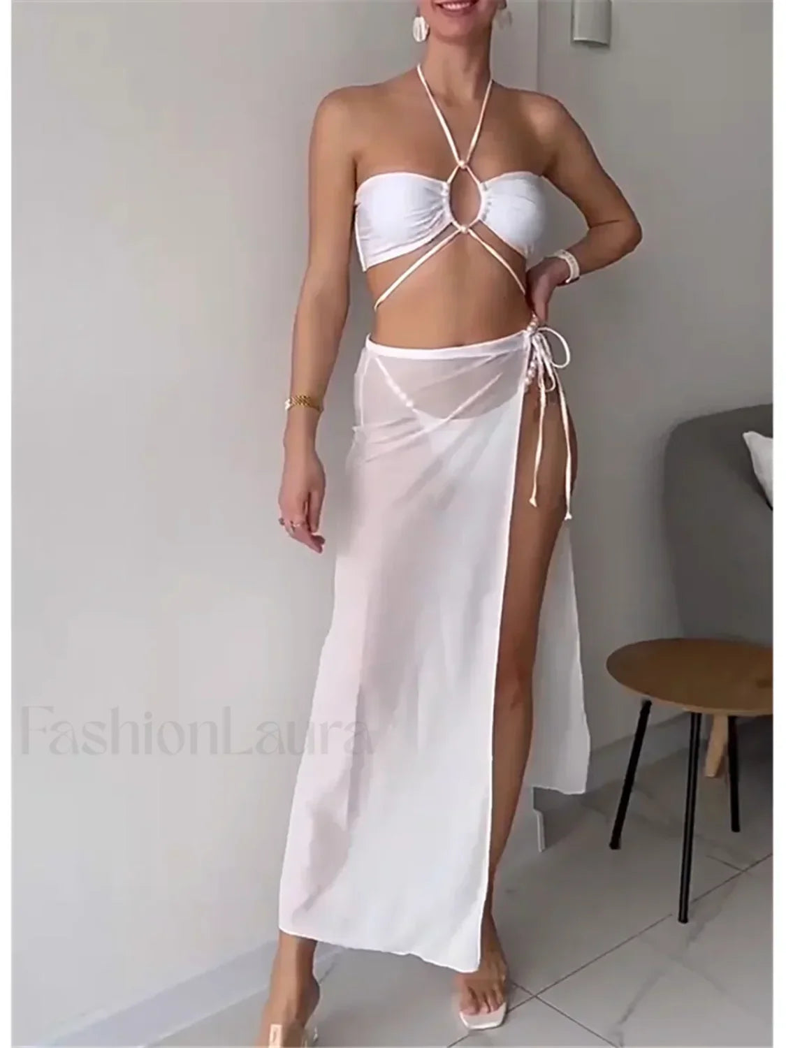 Pearl Mesh Luxury Bikini Three Piece Set