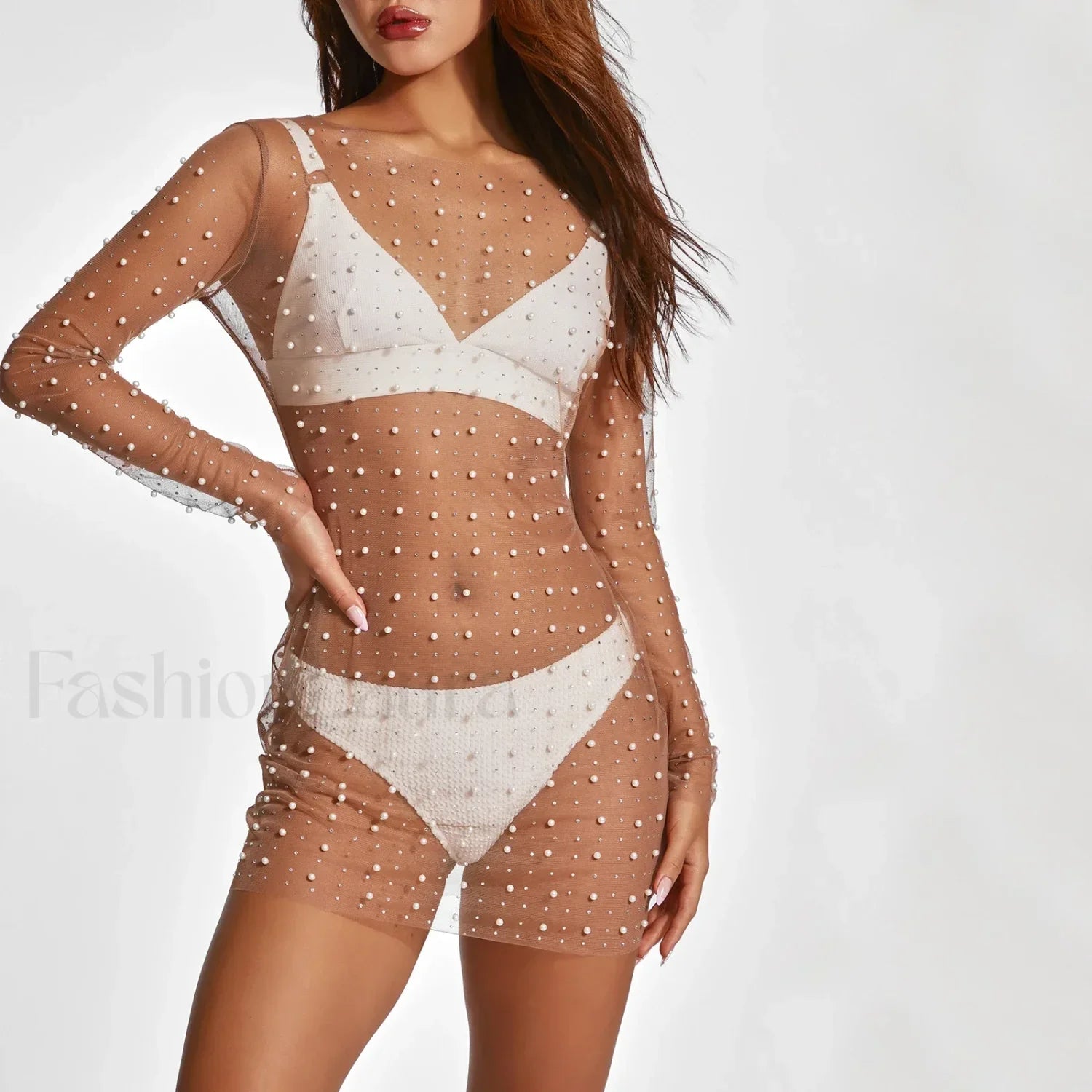 Pearl Sheer Party Dress Cover Up WHITE / S