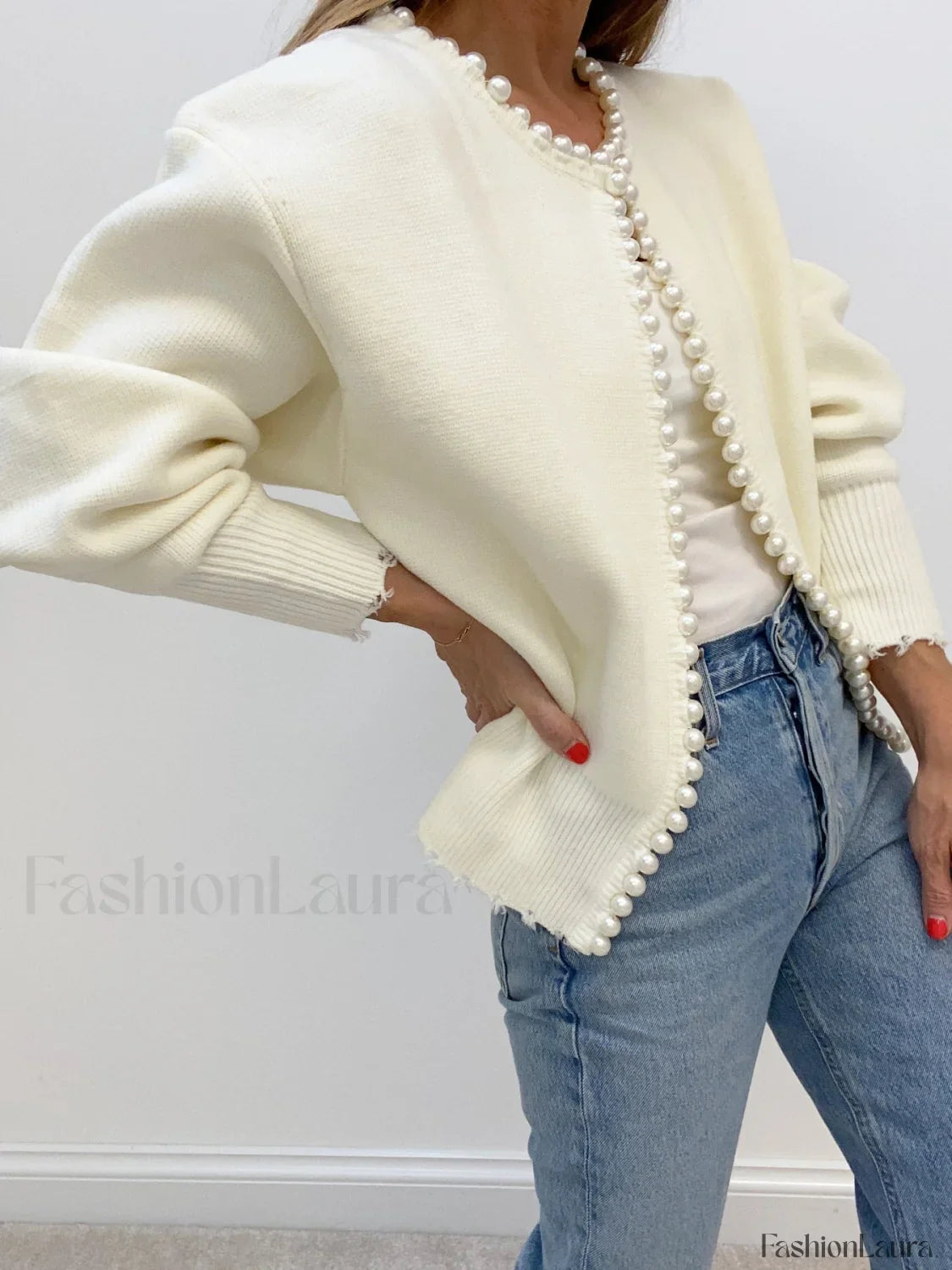 Pearl Trim Ripped Hem Cardigan