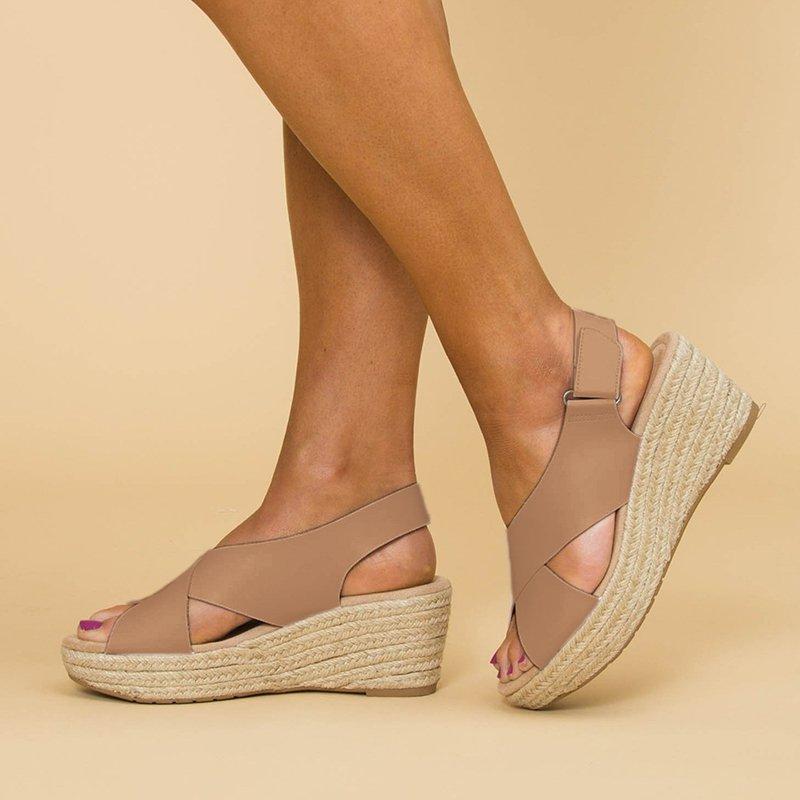 Peep Toe Magic Tape Wedges Crossed Sandals