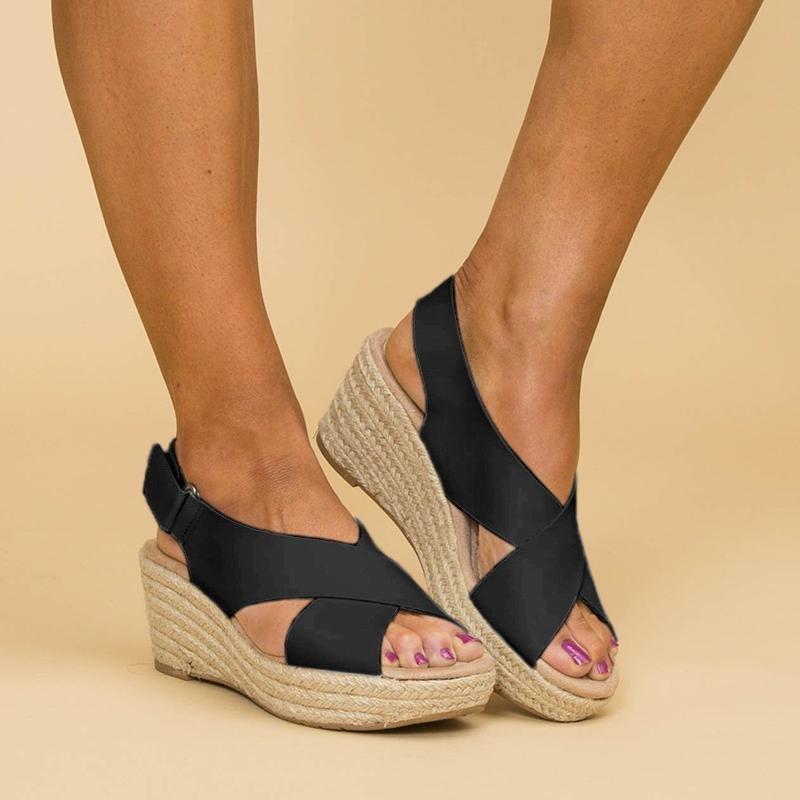 Peep Toe Magic Tape Wedges Crossed Sandals