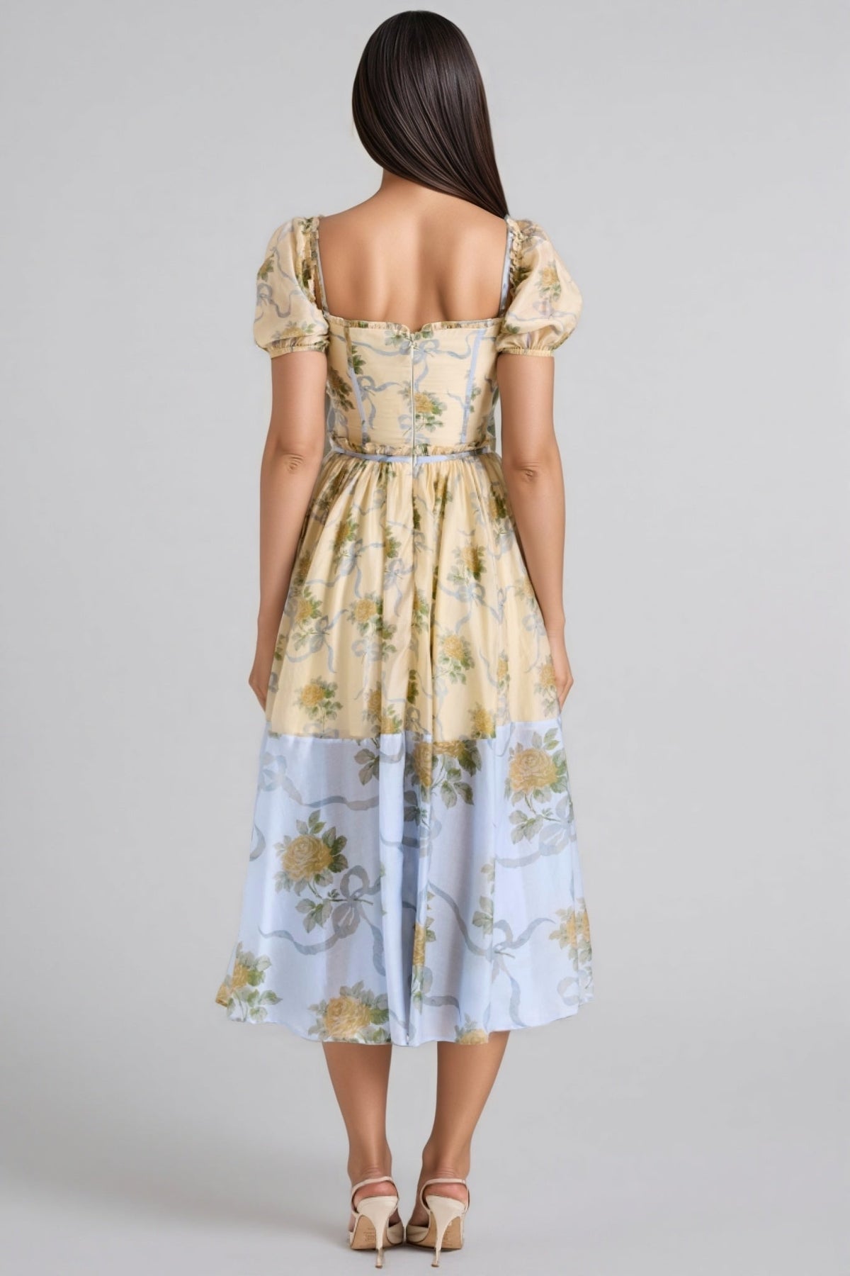 Floral Print Puff Sleeve Corset Bodice Tiered Chiffon Midi Dress 4